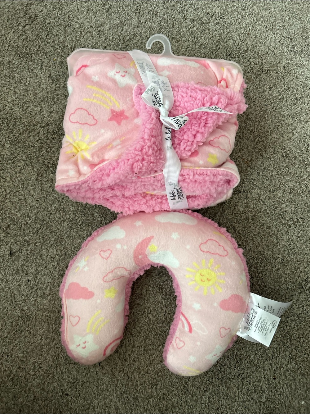 Pink Cloud & Sun baby Travel plush Neck Pillow and Blanket Set